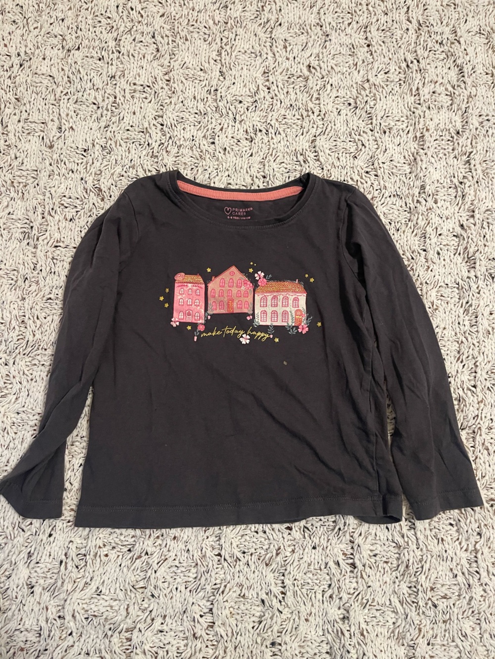 Primark Black Long-Sleeve Tee with Pink House Graphic